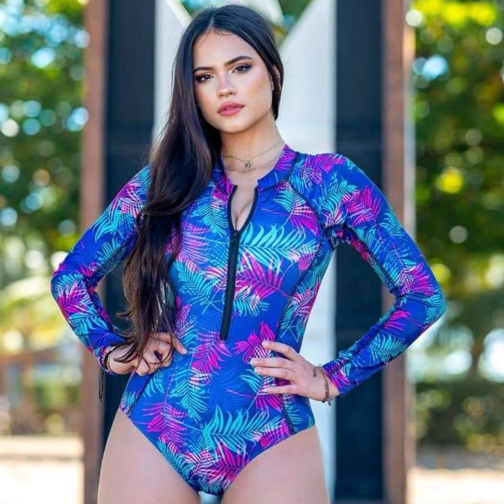 Tropical Blue and Pink Long Sleeve Swimsuit